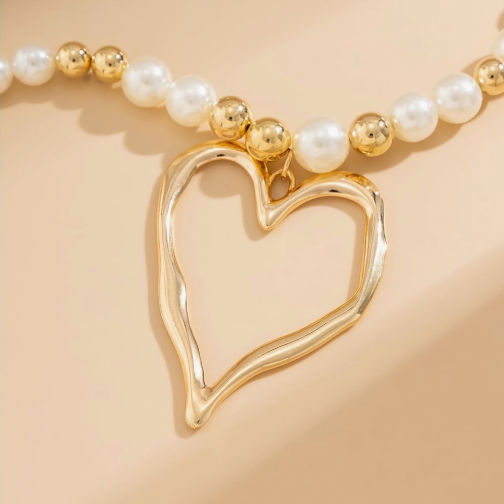 Heart Statement Necklace Faux Pearls Gold Balls - Picture 8 of 14
